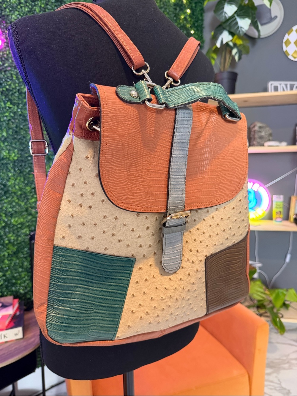 Multi-Color Textured Leather Backpack - Tan, Cream & Green - Picture 3 of 7